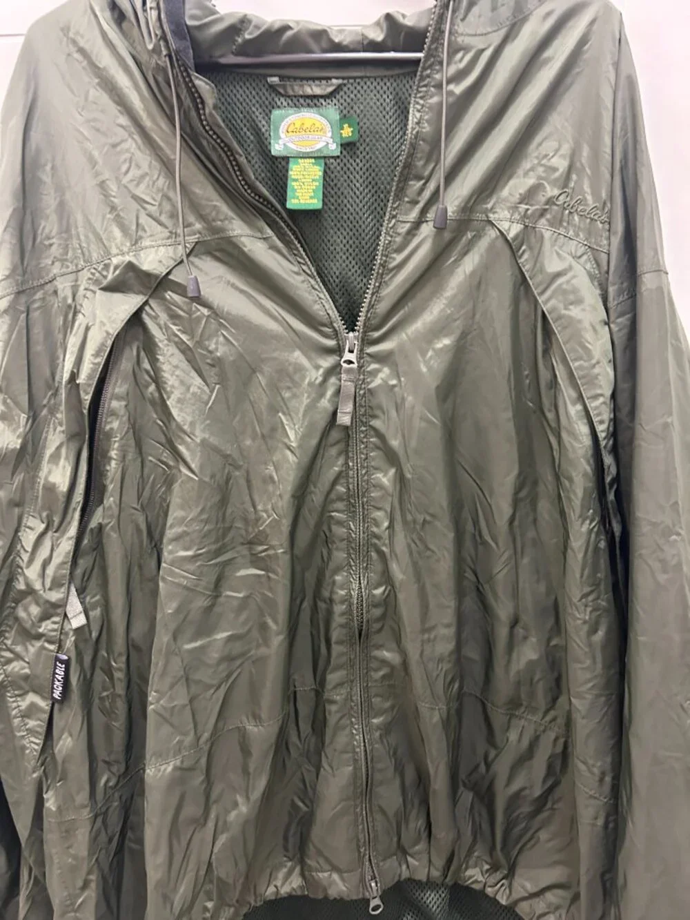 Cabela's Rain Jacket Green Windbreaker XL Regular Hooded Lightweight Packable